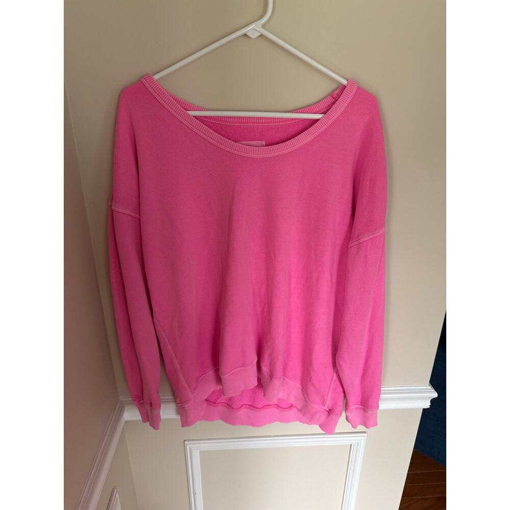 Aerie | Hot Pink Garment Dyed Off the Shoulder Preppy Crewneck Pullover Lounge - Picture 3 of 11